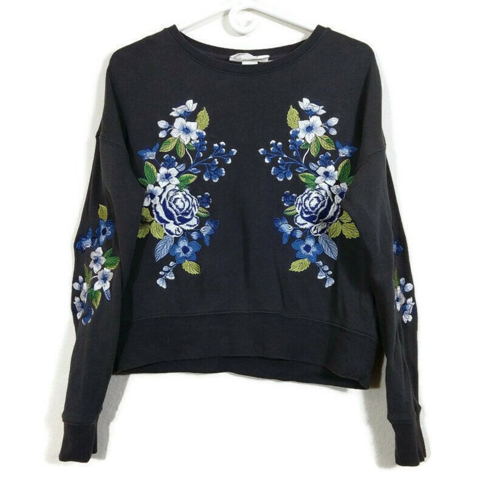 H&M LOGG Women's Embroidered Floral Sweater Gray Size S